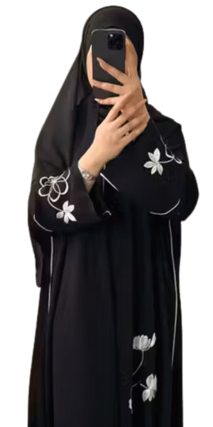 Abaya with White Embroidery & Stylish Hijab Set