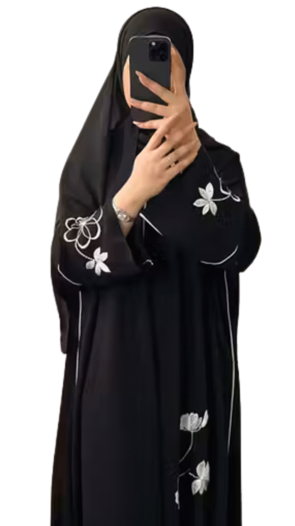 Abaya with White Embroidery & Stylish Hijab Set